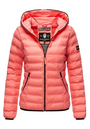 Padded pink jacket with a hood, featuring black zipper and pocket accents, and an inner label showing brand and care instructions.