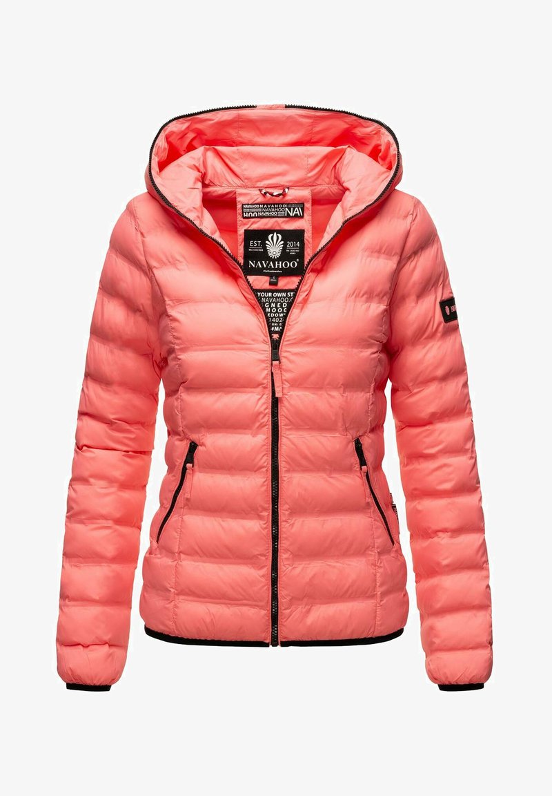 Padded pink jacket with a hood, featuring black zipper and pocket accents, and an inner label showing brand and care instructions.