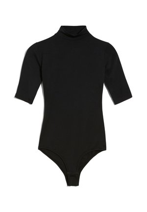 Body a maniche lunghe nero con colletto alto e chiusura a snap nella parte inferiore. Realizzato in un tessuto morbido ed elastico con una texture liscia.