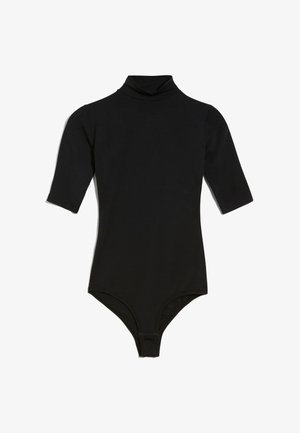 Zwarte jumpsuit met lange mouwen, voorzien van een hoge col en drukknopen aan de onderkant. Gemaakt van zachte, rekbare stof met een gladde textuur.