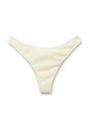 Bikini kalhotky v krémové barvě s texturovaným vzorem, trojúhelníkovým tvarem a minimálním pokrytím. Mají měkké okraje a elastické švy.