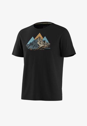 Zwart T-shirt met korte mouwen met een bergafbeelding in blauw- en oranje tinten en het "Smartwool"-logo op de borst.