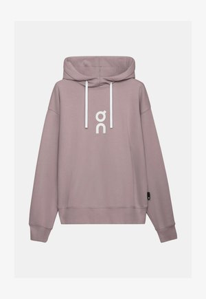 Pehmeas toonis ploomivärvi kapuutsiga dressipluus valgete nöörikeste ja logoga. Omab lõdvat lõiget, pikki varrukaid ja soonikkoes äärist. Sile tekstuur.