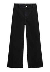 Pantalon en jean noir à jambes larges, taille haute, fermeture par bouton, passants de ceinture et bords d’ourlet bruts.