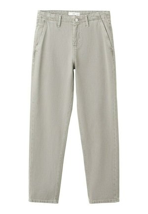 Pantaloni grigi chiaro a gamba dritta con tasche laterali, passanti per cintura e chiusura con bottone in vita.