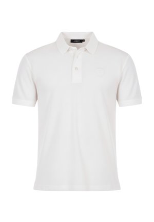 Polo blanco de manga corta con cuello, tapeta de dos botones y logo bordado sutil en el pecho izquierdo.