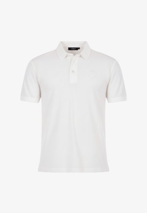 Weißes Poloshirt mit kurzen Ärmeln, Kragen, Zwei-Knopf-Leiste und dezentem, gesticktem Logo auf der linken Brust.