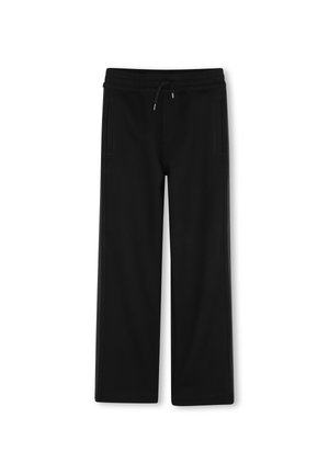 Pantalon de survêtement noir à jambe droite avec taille élastique et cordon, doté de poches latérales et d'une coupe décontractée.