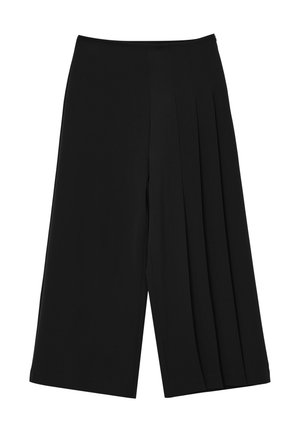 Culotte neri a gamba larga realizzati in tessuto leggero con design a pieghe sul davanti. Presentano un alto punto vita e una superficie liscia.