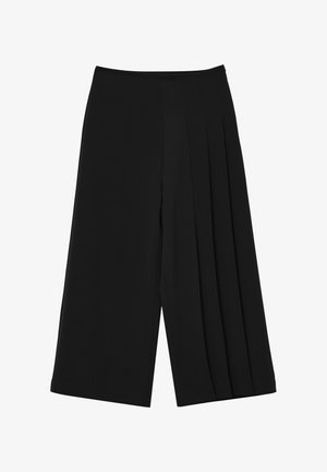 Culotte neri a gamba larga realizzati in tessuto leggero con design a pieghe sul davanti. Presentano un alto punto vita e una superficie liscia.