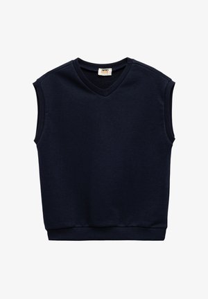 Marineblauwe mouwloze katoenen top met een V-hals, zachte textuur en effen kleur. Geribbelde randen bij de hals en onderrand voor een strakke pasvorm.