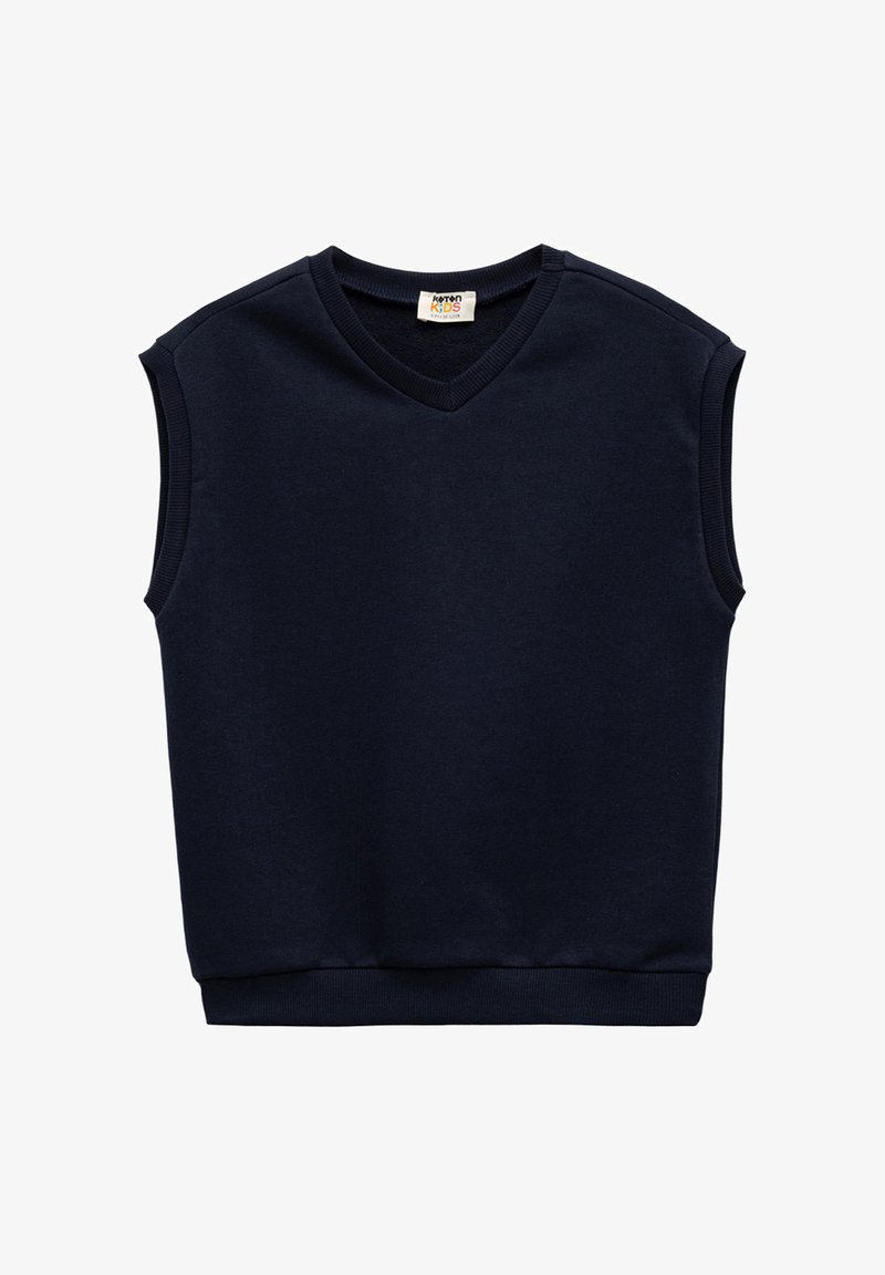Granatowy bawełniany top bez rękawów z dekoltem w serek, o miękkiej teksturze i jednolitym kolorze. Żebrowane krawędzie przy dekolcie i hemie zapewniają dopasowane wykończenie.