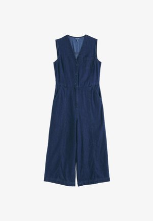 Mouwloze donkerblauwe denim jumpsuit met V-hals, drie knopen aan de voorkant, borstzak, zijzakken en brede cropped broekspijpen.