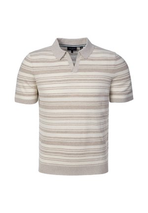 Polo in maglia a maniche corte con righe orizzontali beige e bianche e colletto a V con intaglio.