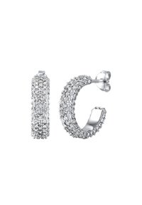 Boucles d'oreilles en argent en forme de créoles avec une surface texturée décorée de petits cristaux transparents, mettant en valeur une finition brillante et un design courbé.