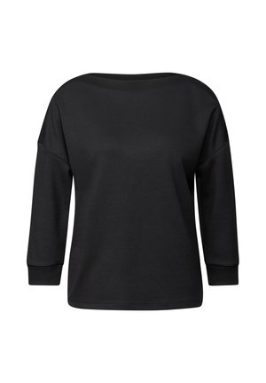 Sweatshirt noir décontracté en tissu doux, avec un col large, des manches trois-quarts et des poignets côtelés pour un ajustement confortable.