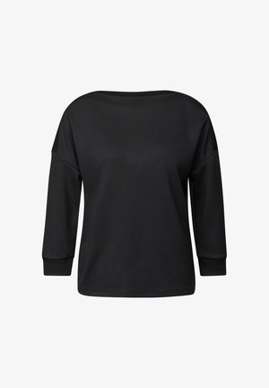 Sweatshirt noir décontracté en tissu doux, avec un col large, des manches trois-quarts et des poignets côtelés pour un ajustement confortable.