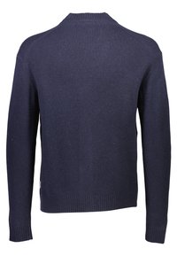 Mörkblå stickad tröja med lång ärm, ribbade halsringning och cuffs, med en texturerad finish och en rak nederkant vid midjan.