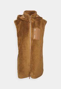 Brauner Fleece-Westen mit Kapuze, ausgestattet mit einem Frontreißverschluss und seitlichen Taschen. Strukturierter Stoff mit einem glatten Einsatz am Brusttasche.