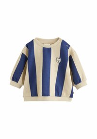 Suéter para bebé de manga larga con rayas verticales en beige y azul, con cuello redondo y pequeño emblema de cara de oso en el pecho.