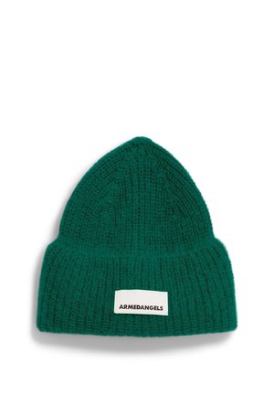 Green knitted beanie with a textured pattern and a folded cuff. Features a white label with "ARMEDANGELS" printed in black.