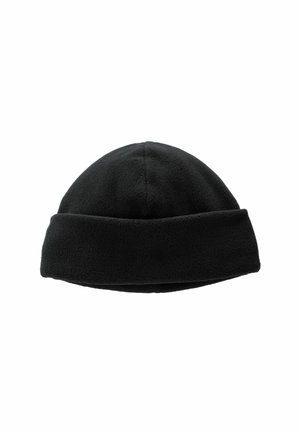 Zwarte fleece beanie muts, ronde bovenkant en omgeslagen rand. Zachte textuur zonder zichtbare patronen of hardware-details. Klassiek ontwerp voor warmte.