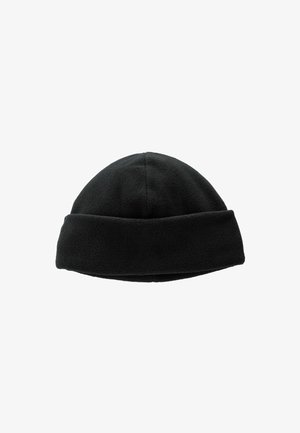 Zwarte fleece beanie muts, ronde bovenkant en omgeslagen rand. Zachte textuur zonder zichtbare patronen of hardware-details. Klassiek ontwerp voor warmte.
