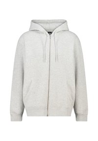 Sudadera gris con cremallera hecha de tejido suave, que cuenta con capucha, bolsillos frontales y puños de canalé. Diseño simple sin patrones o acentos adicionales.