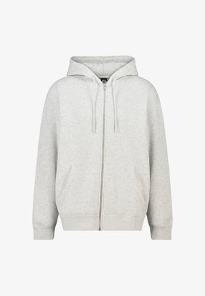Gråer Zip-Hoodie aus weichem Stoff, mit Kapuze, Fronttaschen und gerippten Bündchen. Einfaches Design ohne zusätzliche Muster oder Akzente.