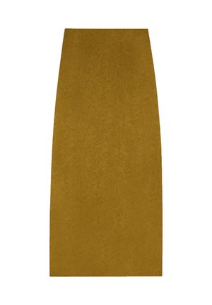 Senfgelbe, gerade Midi-Rock mit subtiler floralem Muster, hoher Taille und einem sauberen, schlichten Design.