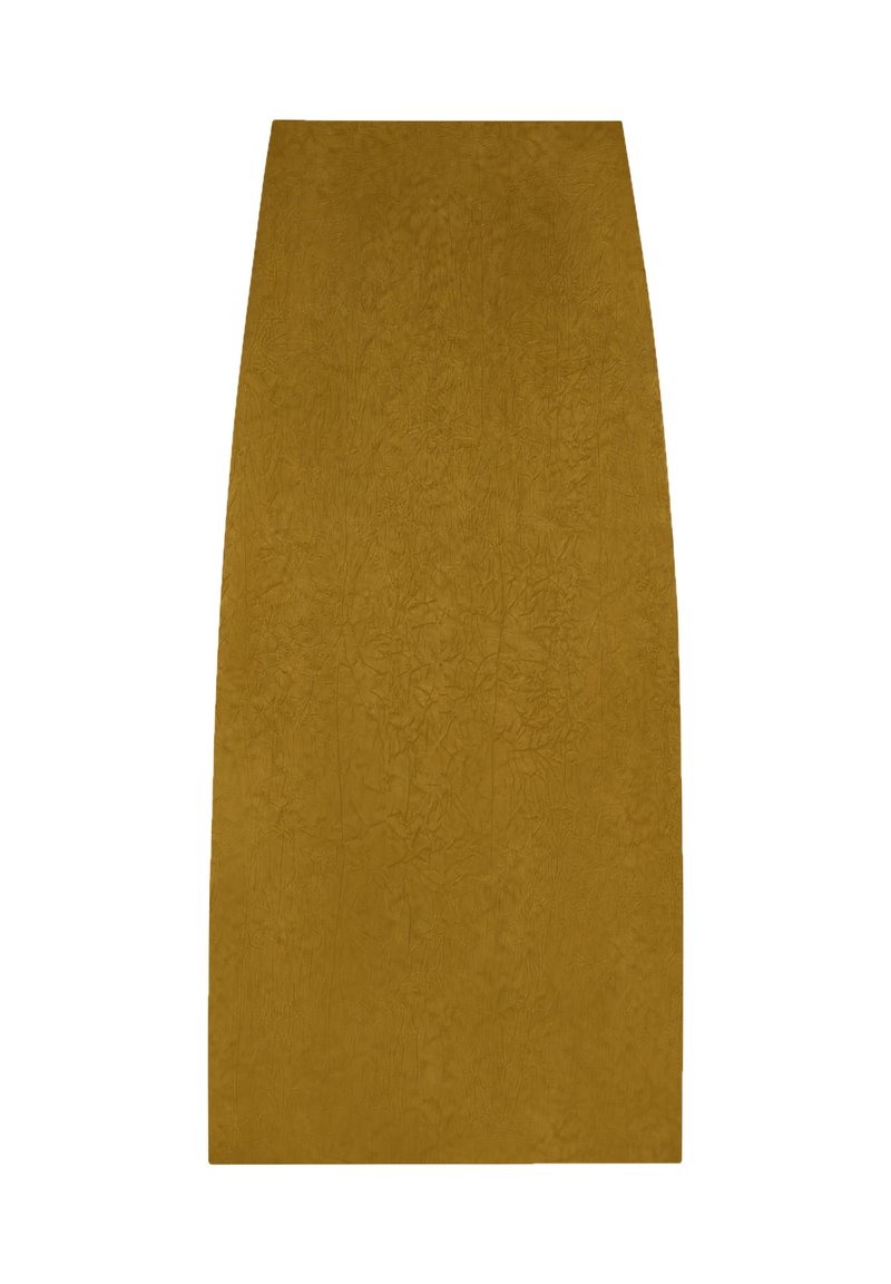 Jupe midi droite jaune moutarde avec une texture florale subtile, taille haute et un design épuré et simple.