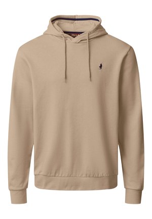 Beige hettegenser med lange ermer, forkant-kengurulomme, snor i hetten og liten mørk brodert logo på venstre bryst.