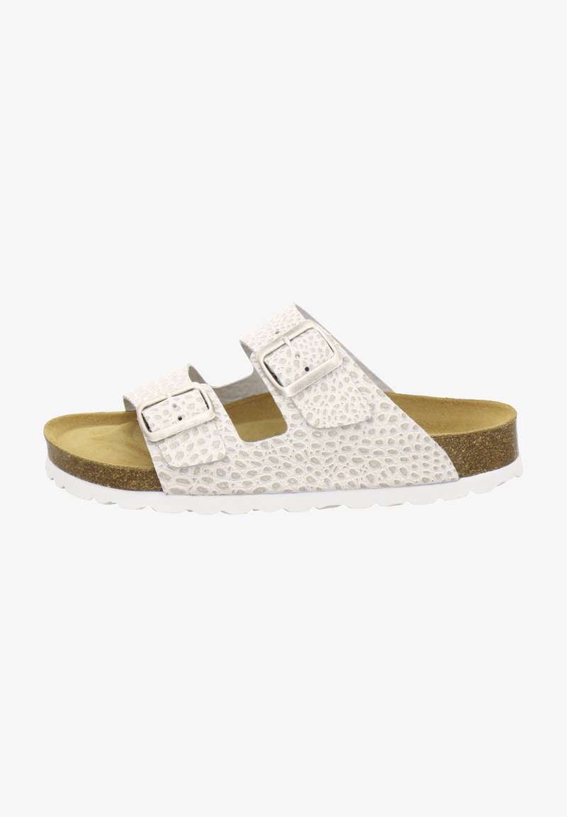 White, textured slide sandal with two adjustable buckles, brown footbed, and white rubber sole. Features reptile pattern on the upper.