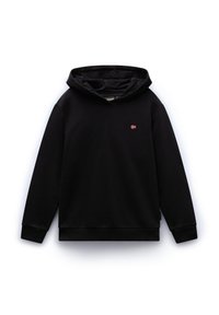 Felpa nera con cappuccio, maniche lunghe e polsini a coste. Presenta un piccolo emblema rosso, bianco e blu sul petto. Tessuto morbido, design casual.