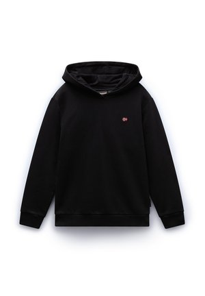 Svart hoodie med lång ärm och ribbade mudd. Har ett litet emblem i röd, vit och blå på bröstet. Mjuk textur, avslappnad design.