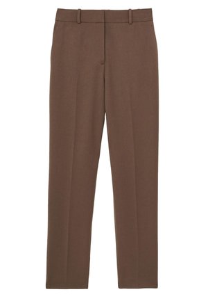 Pantalon marron sur mesure avec passants de ceinture, jambes droites et fermeture frontale lisse, présenté sur fond blanc.