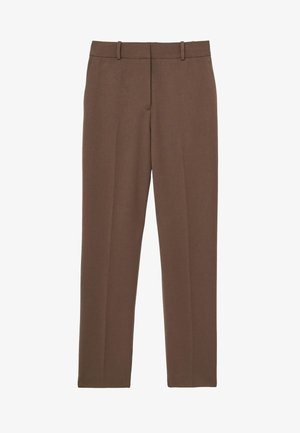 Pantaloni marroni su misura con passanti per cintura, gambe dritte e chiusura frontale liscia, mostrati su sfondo bianco.