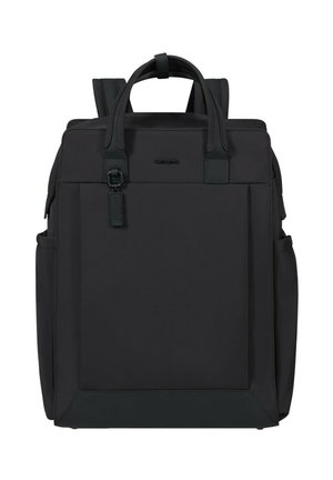 Black rectangular backpack with dual top handles, shoulder straps, front pocket, side pockets, and Samsonite logo on front panel.