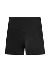 Shorts neri da donna a vita alta con fronte liscio e senza cuciture e dettaglio della cintura leggermente inclinato.