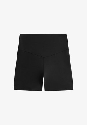 Zwarte damesshorts met hoge taille, een glad en naadloos voorpand en een licht schuin geplaatste tailleband.