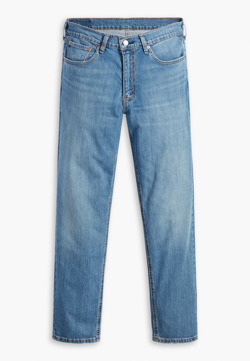 Jeans en denim bleu clair avec une coupe droite, cinq poches, une fermeture à bouton et des détails de couture contrastants.