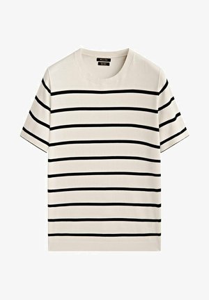 T-shirt blanc à manches courtes avec des rayures noires horizontales. Encolure arrondie, tissu doux, coupe décontractée et distribution uniforme des rayures.