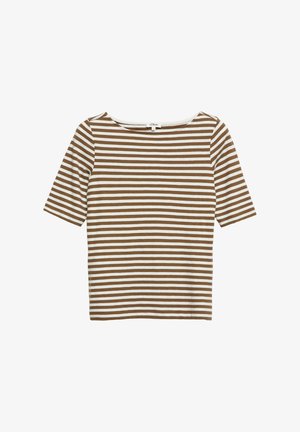 Braun-weiß horizontal gestreiftes Kurzarmshirt mit rundem Ausschnitt, flach auf weißem Hintergrund liegend.