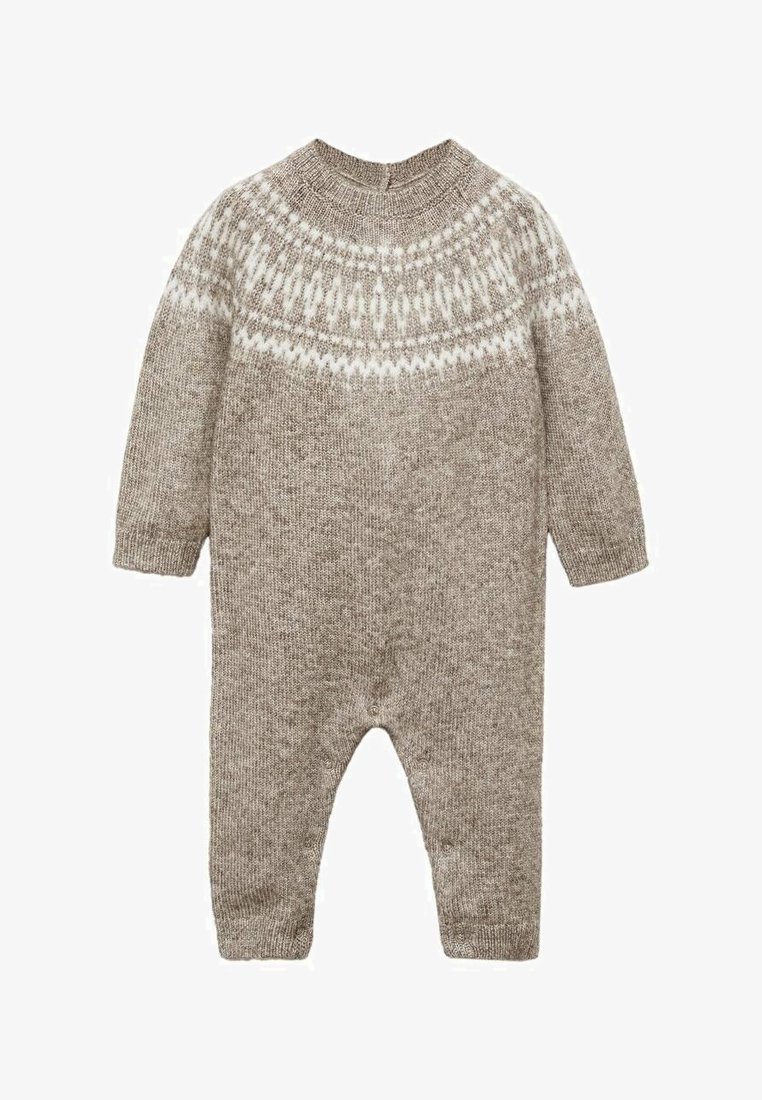 Knitted brown baby onesie with a circular yoke featuring white geometric patterns. Long sleeves and snap closures at the bottom.