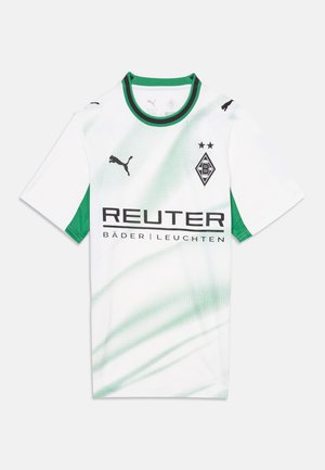 Fehér és zöld Borussia Mönchengladbach futballmez Puma logókkal, két csillaggal, klubemblémával és elöl Reuter szponzor szöveggel.