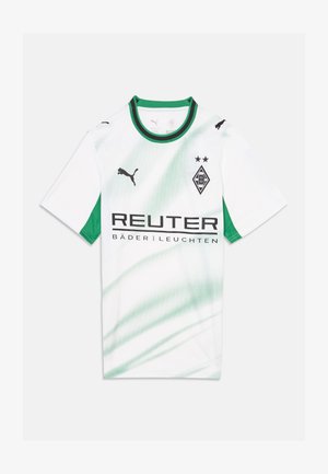 Maillot de football blanc et vert du Borussia Mönchengladbach avec logos Puma, deux étoiles, emblème du club et texte du sponsor Reuter à l'avant.