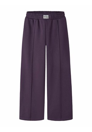 Pantalon large violet avec taille élastique et plis devant, avec une petite étiquette blanche au centre de la ceinture.