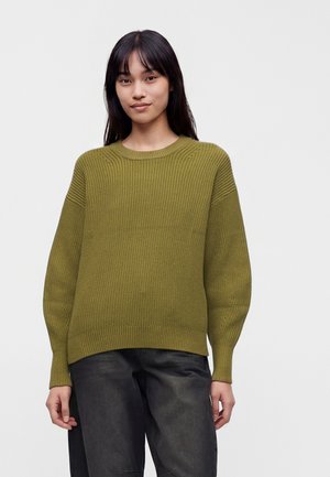 Jonge vrouw met lang donker haar, die een olijfgroene gebreide trui en loszittende donkere broek draagt, staand tegen een effen witte achtergrond.