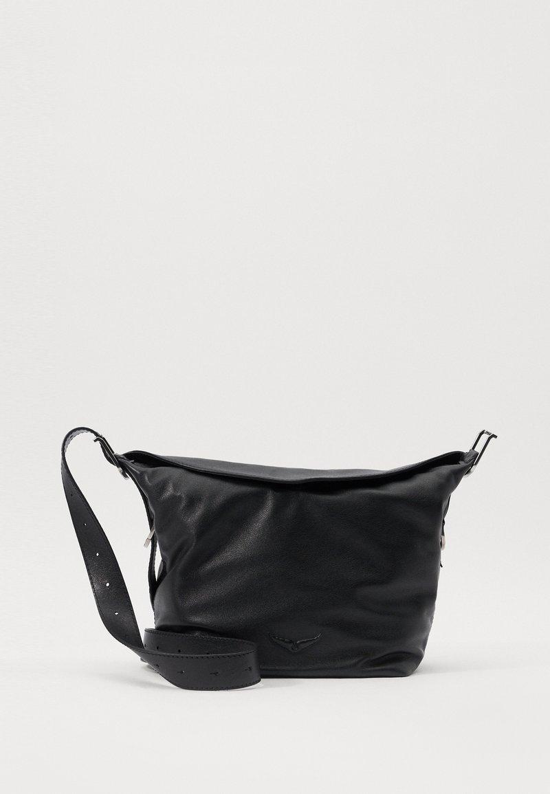 Black leather shoulder bag with a curved shape, adjustable strap, and slight sheen. Features a zip closure and branded accent on the front.