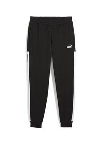 Schwarze Jogginghosen mit weißen Seitenstreifen, elastischem Bund, weichem Stoff und einem aufgedruckten Logo auf der linken Vorderseite. Zwei seitliche Taschen sind enthalten.